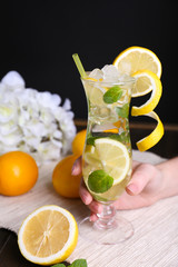 Glass of cocktail with lemon and mint