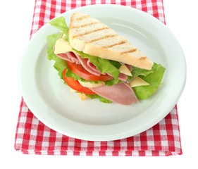 Tasty sandwich with ham, isolated on white