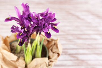 Beautiful irises on wooden table