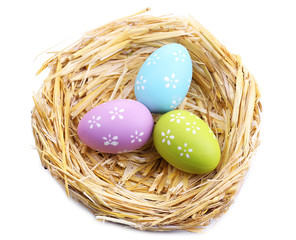 Easter eggs in nest isolated on white