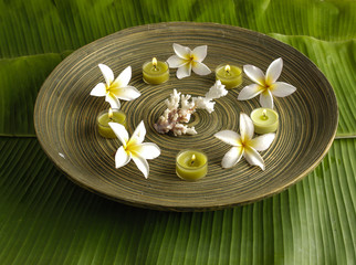 frangipani and candle with shell in bowl on green banana leaf