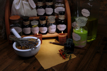 Composition with empty page, candle, mortar and historic old