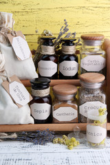 Historic old pharmacy bottles with label