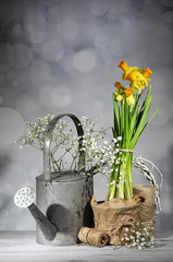 Beautiful spring flowers on old wooden table, on grey