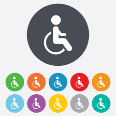 Disabled sign icon. Human on wheelchair symbol.