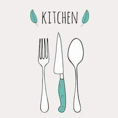 Cute cutlery. Doodle kitchen illustration