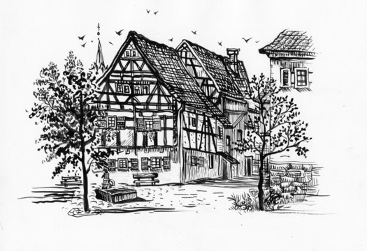 Black and white sketch of building and trees