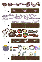 Game elements in and on the ground.