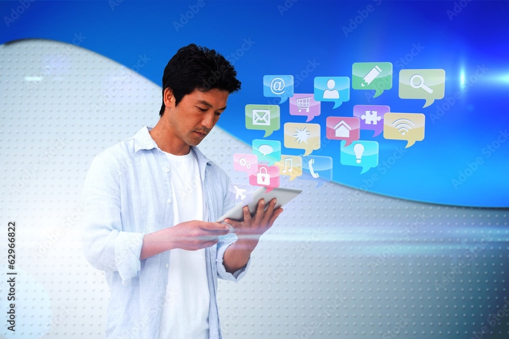 Aufkleber casual man using tablet with app icons