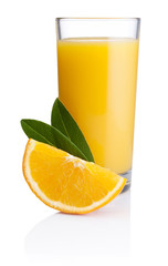 Orange juice and slice of orange with Leafs isolated on white