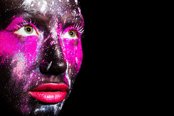art photo of model with creative black mask colorful makeup.