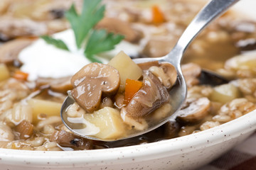 mushroom soup with pearl barley in a spoon