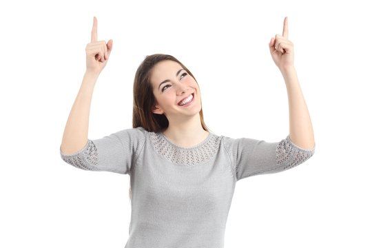 Happy Woman Pointing Up With Both Hands