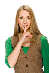 young woman shows sign and symbol on white background