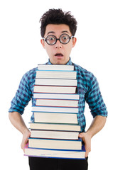 Funny student with books on white