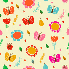 Bright floral romantic seamless pattern with butterflies