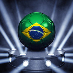 Soccer ball with brazilian flag on display