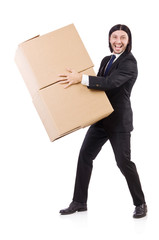 Funny man with boxes on white