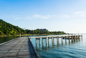 Naklejka premium The beautiful wooden bridge at national park , Thailand