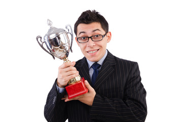 Funny guy receiving award on white
