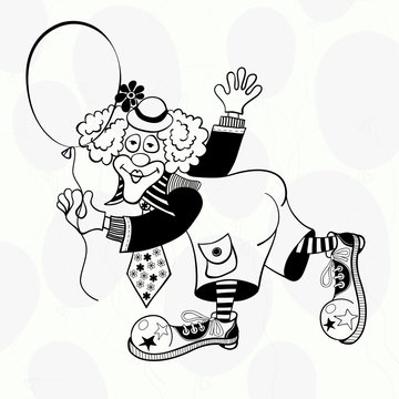 Clown with a balloon. Black and white hand-drawn vector illustra