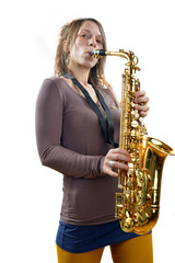 Fototapeta na wymiar young woman playing the saxophone