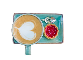Cup of coffee, heart shape with strawberry biscuit on white