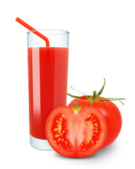 glass of tomato juice on white background
