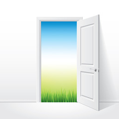 Opened white door and nature vector illustration