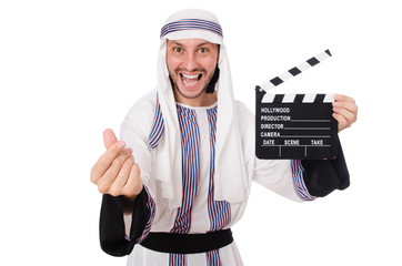Arab man with movie clapper on white