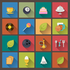 set of food and entertainment icons in flat design style