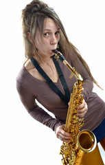 young woman playing the saxophone