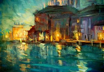 Fotobehang nachtlandschap naar Venetië, schilderij met olieverf op multiplex, illustrat © Mikhail Zahranichny