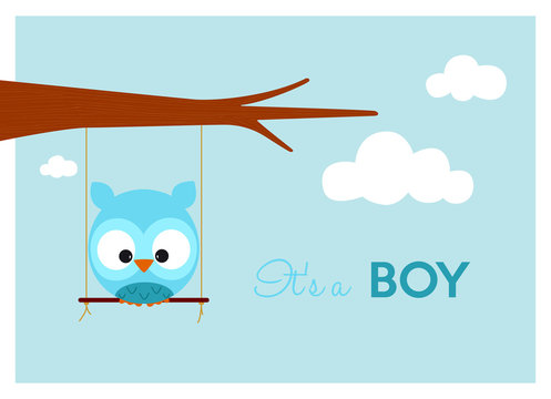 baby shower card with cute owl on a swing hanging to the branch