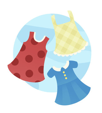 three colorful dresses on blue background clip art preview