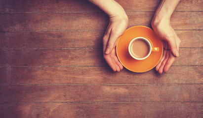 Female hands holding cup of coffee.