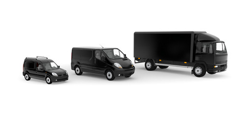 Black transport service vechicules - lorry and delivery cars