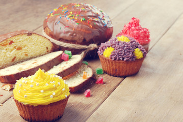 Easter bread and  cakes on the wooden table