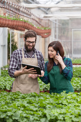 male and female in apron using digital tablet at greenhouse - 62981838