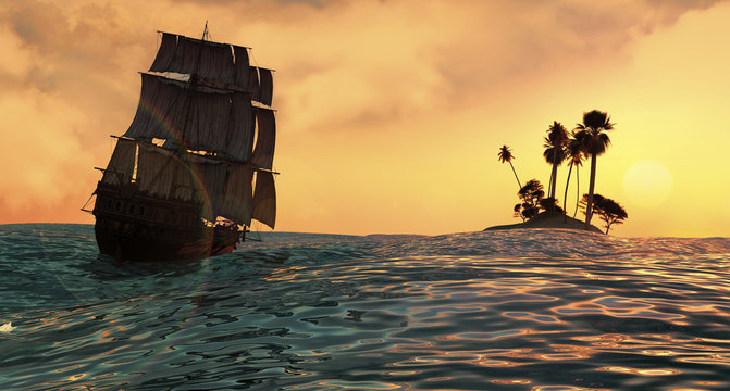 velero y puesta de sol