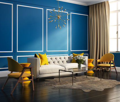 Elegant blue interior, with velvet sofa and large windows