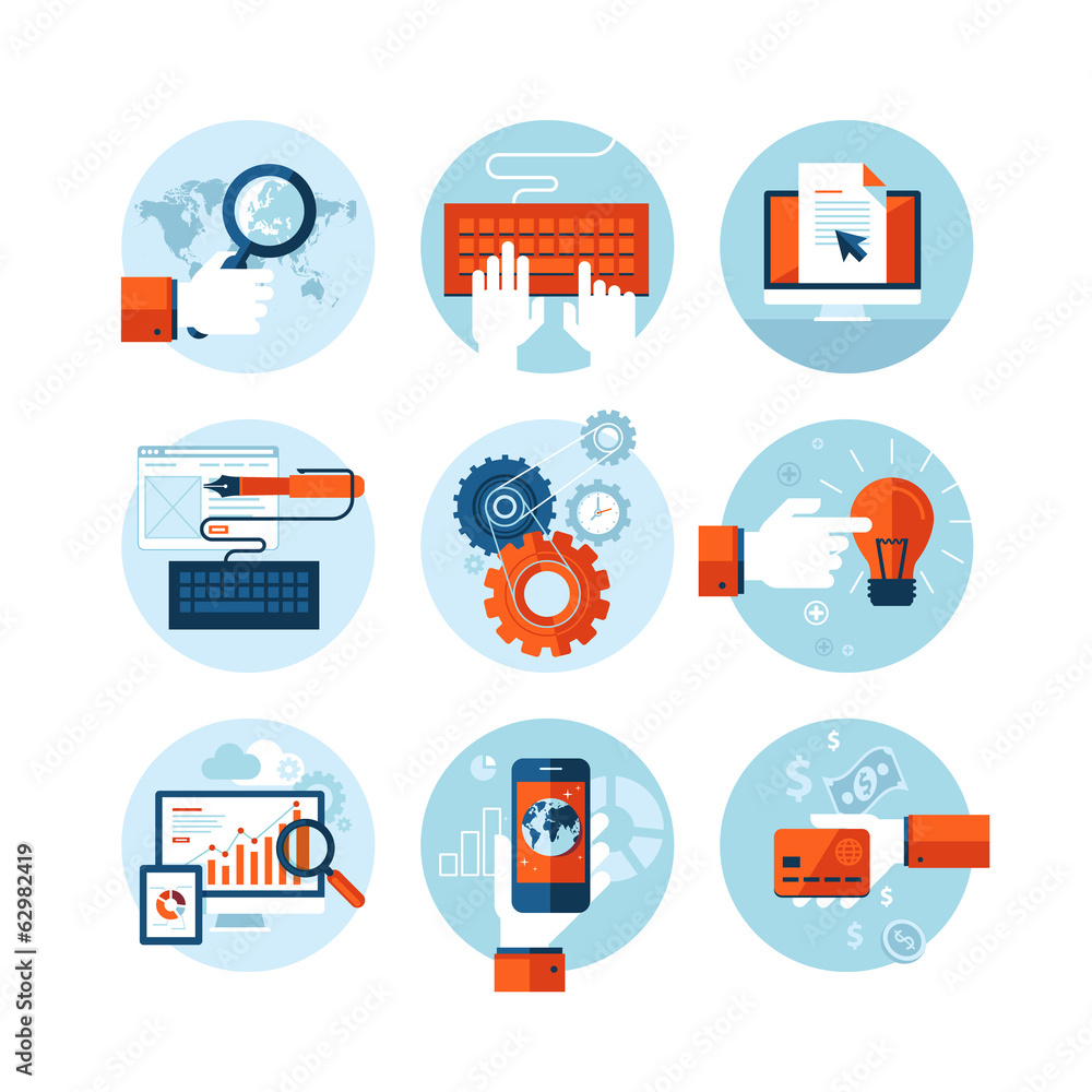 Poster set of flat design icons for web development