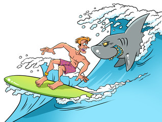 Surfer and  smiling shark