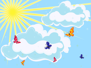 Fototapeta na wymiar Sky with sun, clouds and butterflies