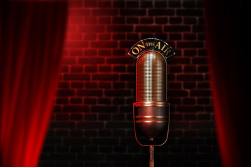Vintage microphone on red cabaret stage