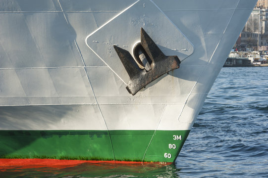 Bow of a large ship in port