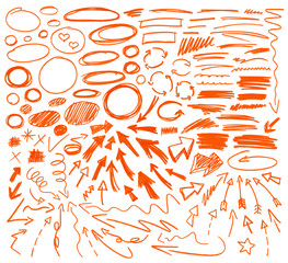Set of graphic signs. Arrows, circles, lines.
