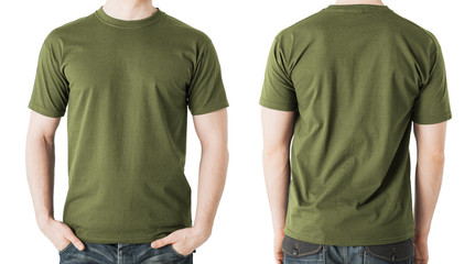 man in blank khaki t-shirt, front and back view