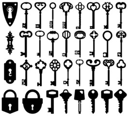 Set of keyholes, keys and locks icons.