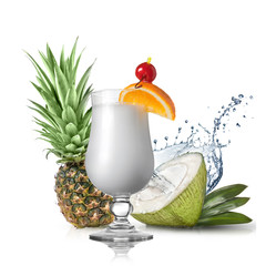 pina colada cocktail in front of pineapple and coconut isolated